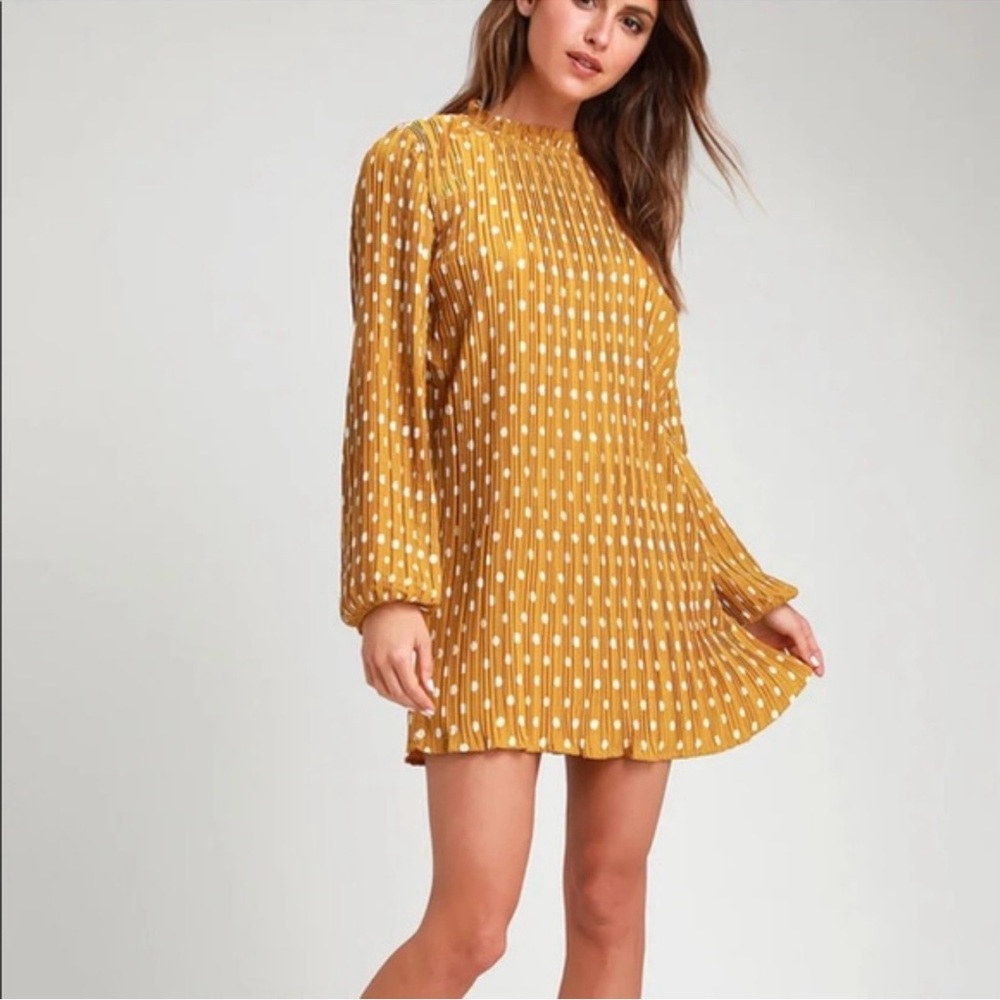 Lulu's Mustard and White Polka Dot long sleeved Mini dress size S